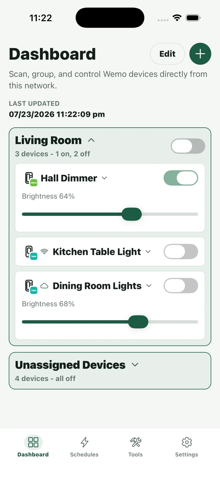 SwitchPilot dashboard on a mobile phone